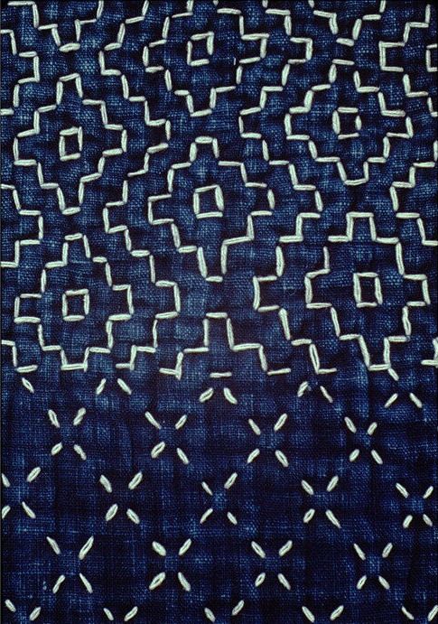 Two different patterns of sashiko in white on indigo fabric from the late 19th century