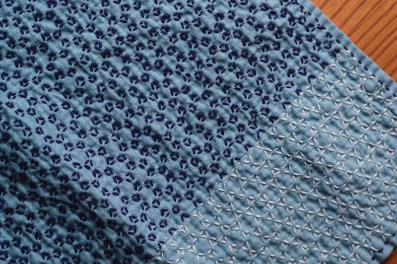 Complex sashiko pattern on blue cloth