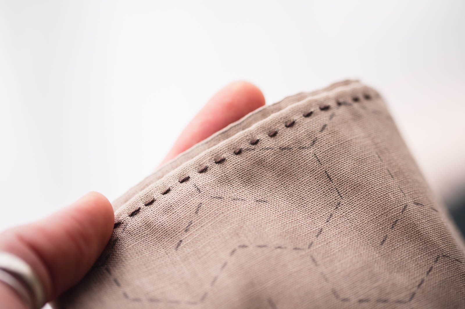 Sashiko stitching pattern printed on a brown cloth with some stitches already filled in.