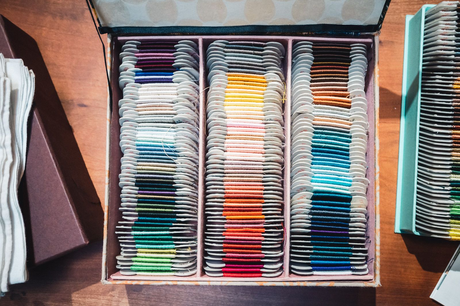 Silk thread on cards in more than 100 different colors stored in a box