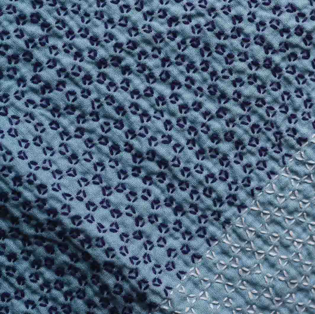 The kagome sashiko pattern in violet and white on blue.