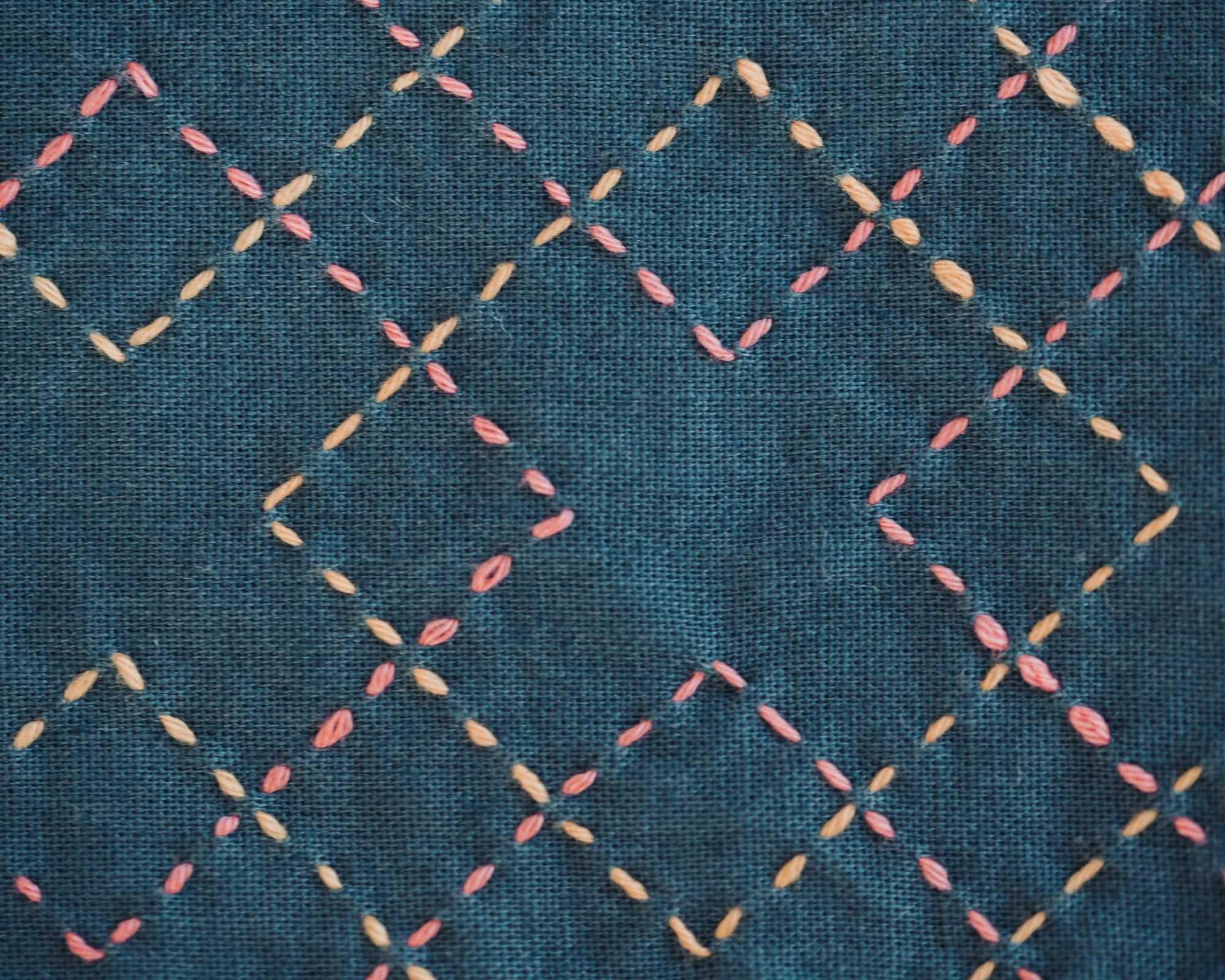 The sashiko pattern kasanemasusashi in yellow and pink on teal fabric from above