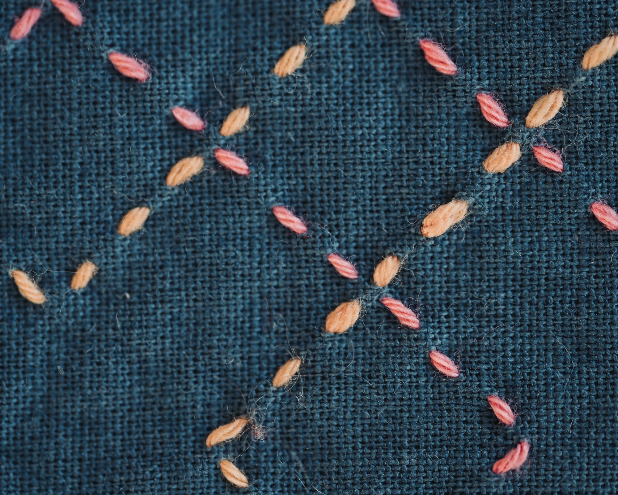 The sashiko pattern kasanemasusashi in yellow and pink on teal fabric close up