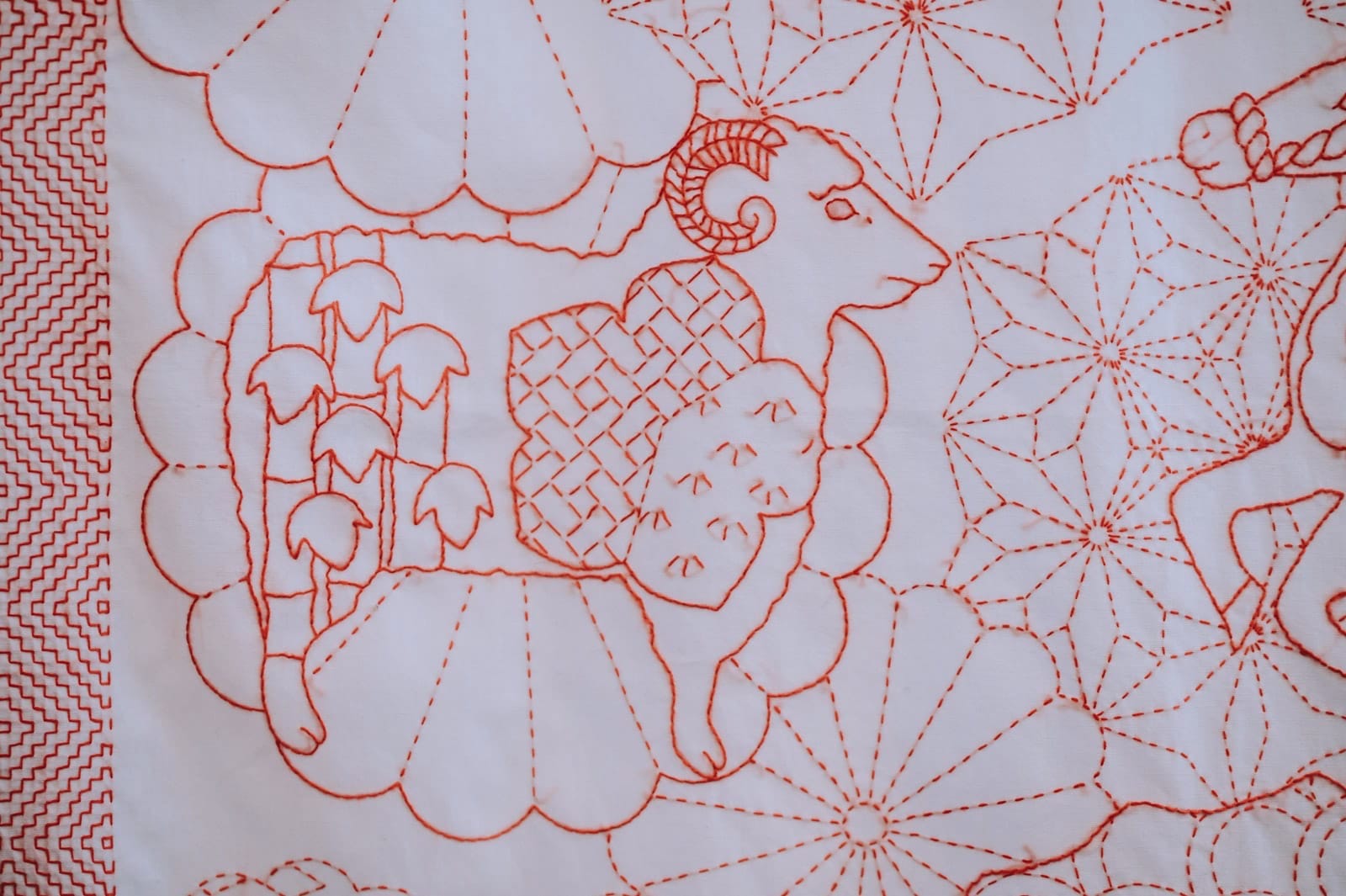 Part of a zodiac sashiko design interwoven with traditional sashiko patterns and motifs in red thread on white fabric
