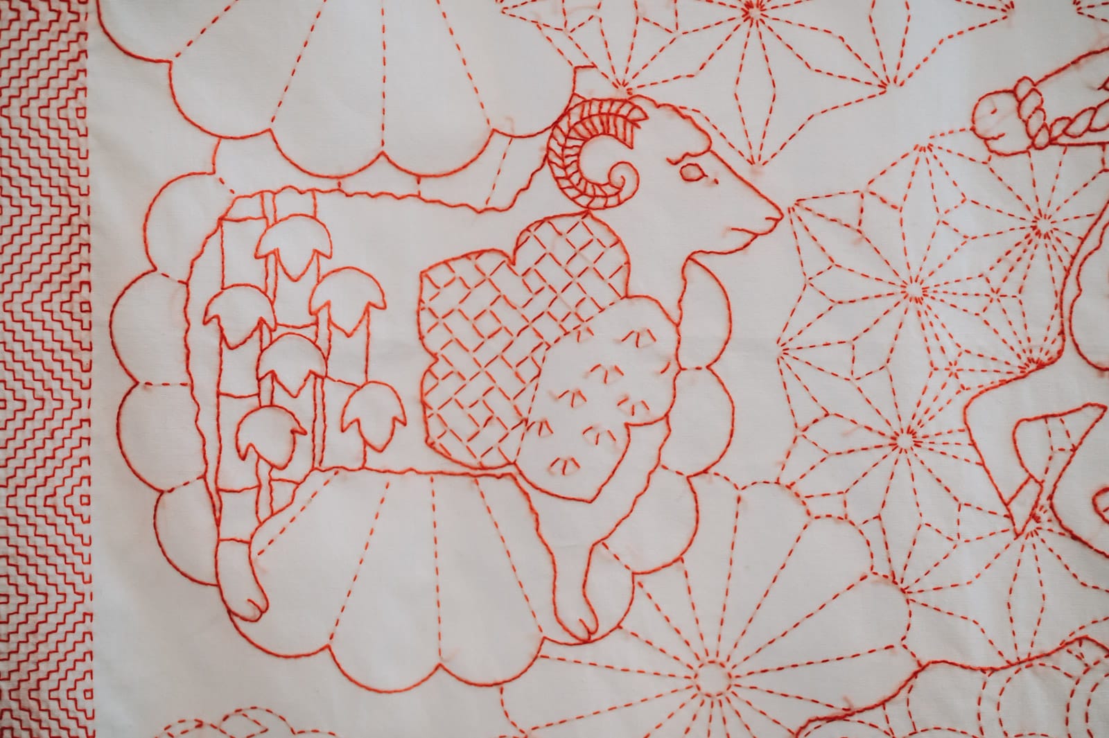 Sashiko artist Chiebaa-chan's zodiac design showing the sheep with many different sashiko patterns visible in red on white.
