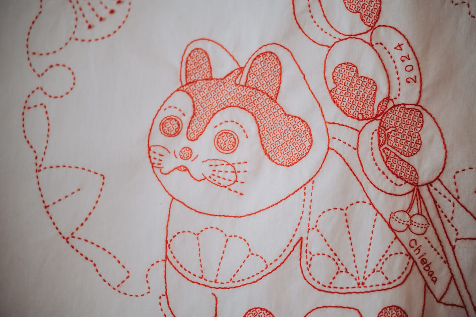 A sashiko dog design by Chiebaa-chan embellished with traditional Japanese patterns and forms in red thread on white fabric